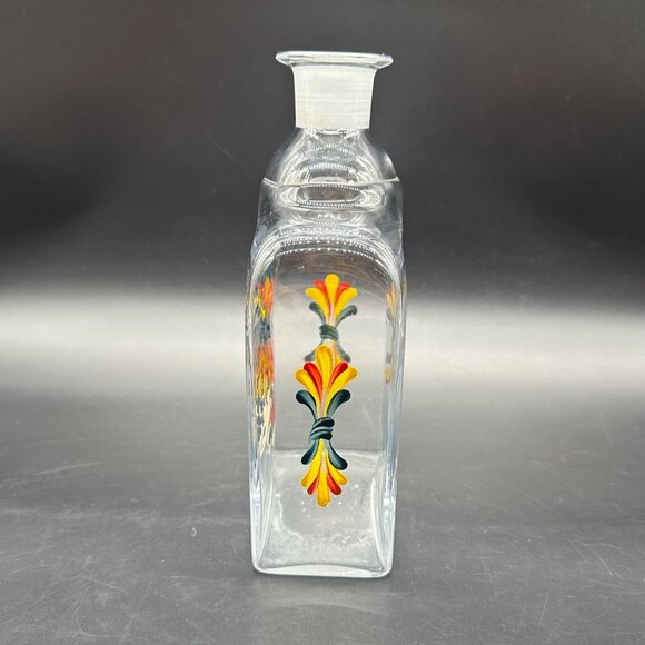 Vintage Glass Decanter Bottle Enamel Painted Floral Birds Red Yellow Blue READ - Picture 4 of 12